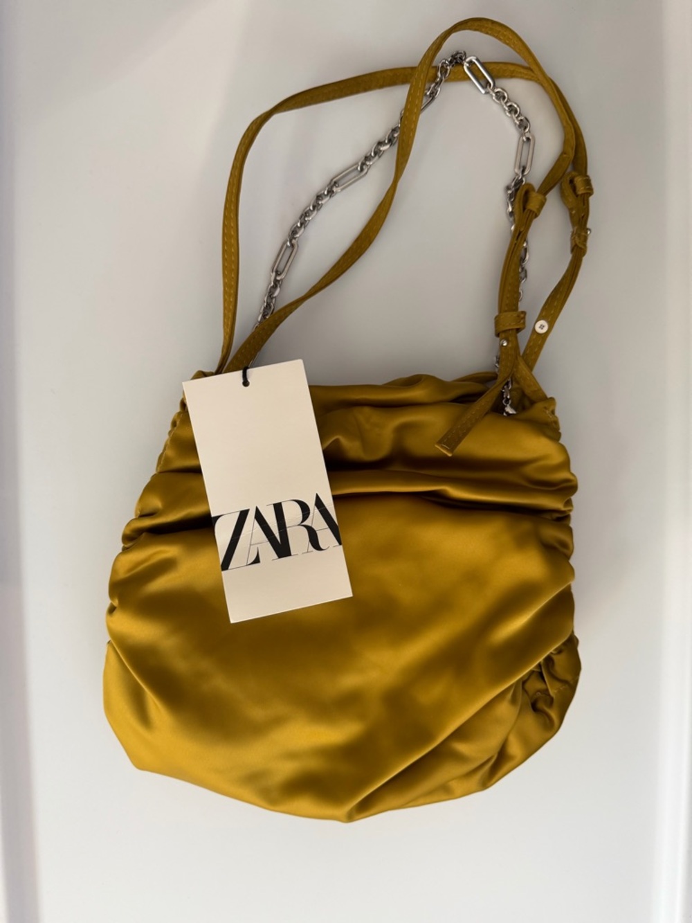 Zara Satin Shoulder Bag in Mustard with Chain Detail